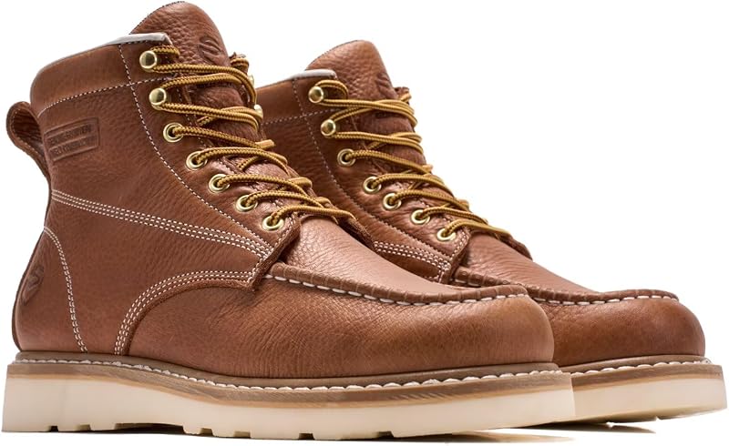 SUREWAY 6in Moc Toe Work Boots for Men, Wedge Sole, Steel/Soft Toe | Full-grain leather with Goodyearwelt, comfort insole, EH protection, oil and slip-resistant wedge sole