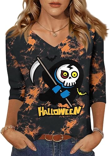 Halloween Tie Dye Outfits for Women Skull Graphic 3/4 Sleeve V-Neck Halloween Sh
