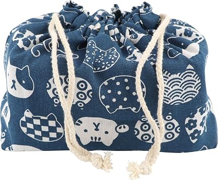 DOERDO Lunch Tote Bag Lunch Handy Bags Japanese Style Portable Bento Storage Bag with Drawstring for Outdoor Office, Blue