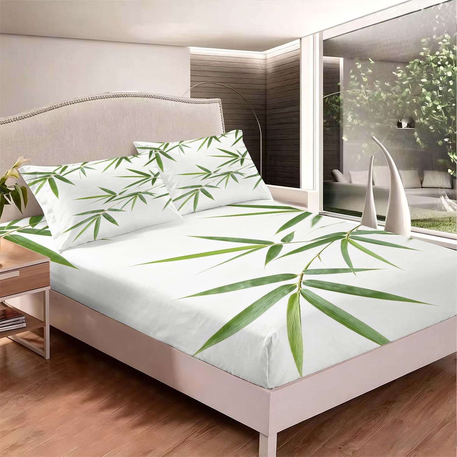 Drap Housse 180x200 cm Thème Chinois 3D Drap-Housse Bambou Draps Housses Microfibre 2 Personnes avec 2 Taie d'oreillers pour Matelas Épais XCW6069