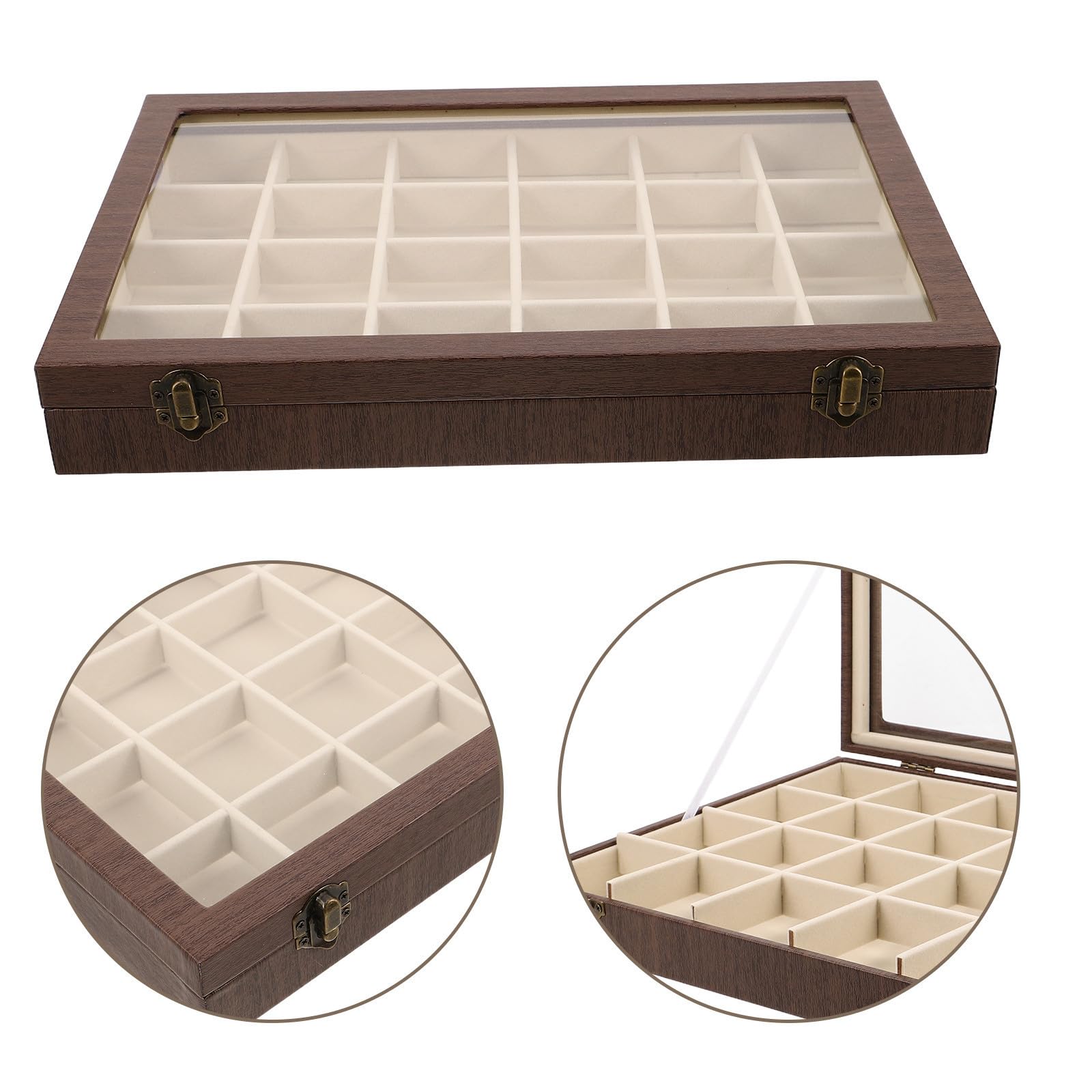 Joyero Retro con Tapa Transparente de Madera y 24 Compartimentos