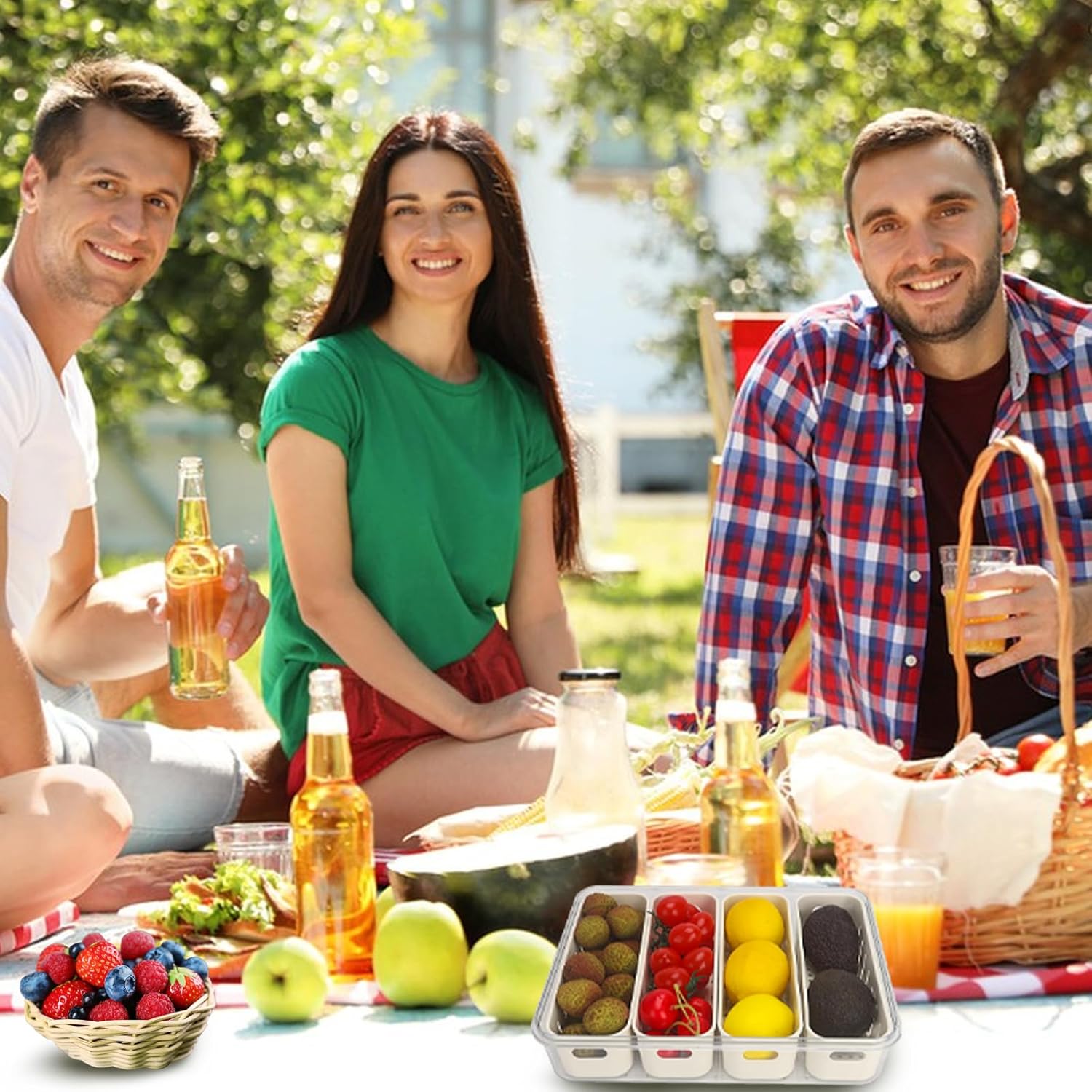 shopwithgreen Salad Bar Containers for Fridge with Lid and Handle, Fruit Storage Containers with 4 Removable Colanders, Berry Box Fresh Produce Saver for Fruit, Veggie, Refrigerator, Kitchen, Picnic - Image 7