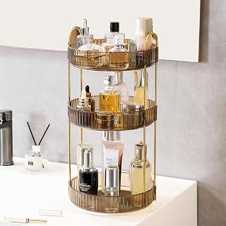 Aveniee Rotating Makeup Organizer for Vanity, 3 Tier Perfume Organizers and Storage for Bathroom Countertop, Clear Spinning Skincare Counter Shelf Holder for Dresser,Brown