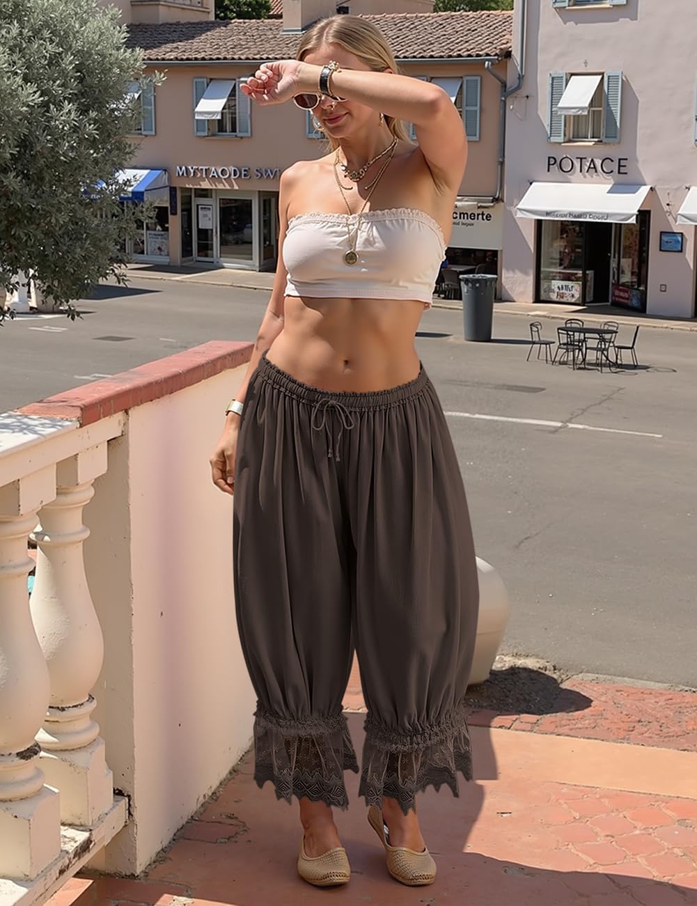 TARSE Women Linen Lace Trim Long Bloomers Pants Ruffle Victorian Vintage Pantaloons Summer Beach Travel Vacation Pants - Image 3