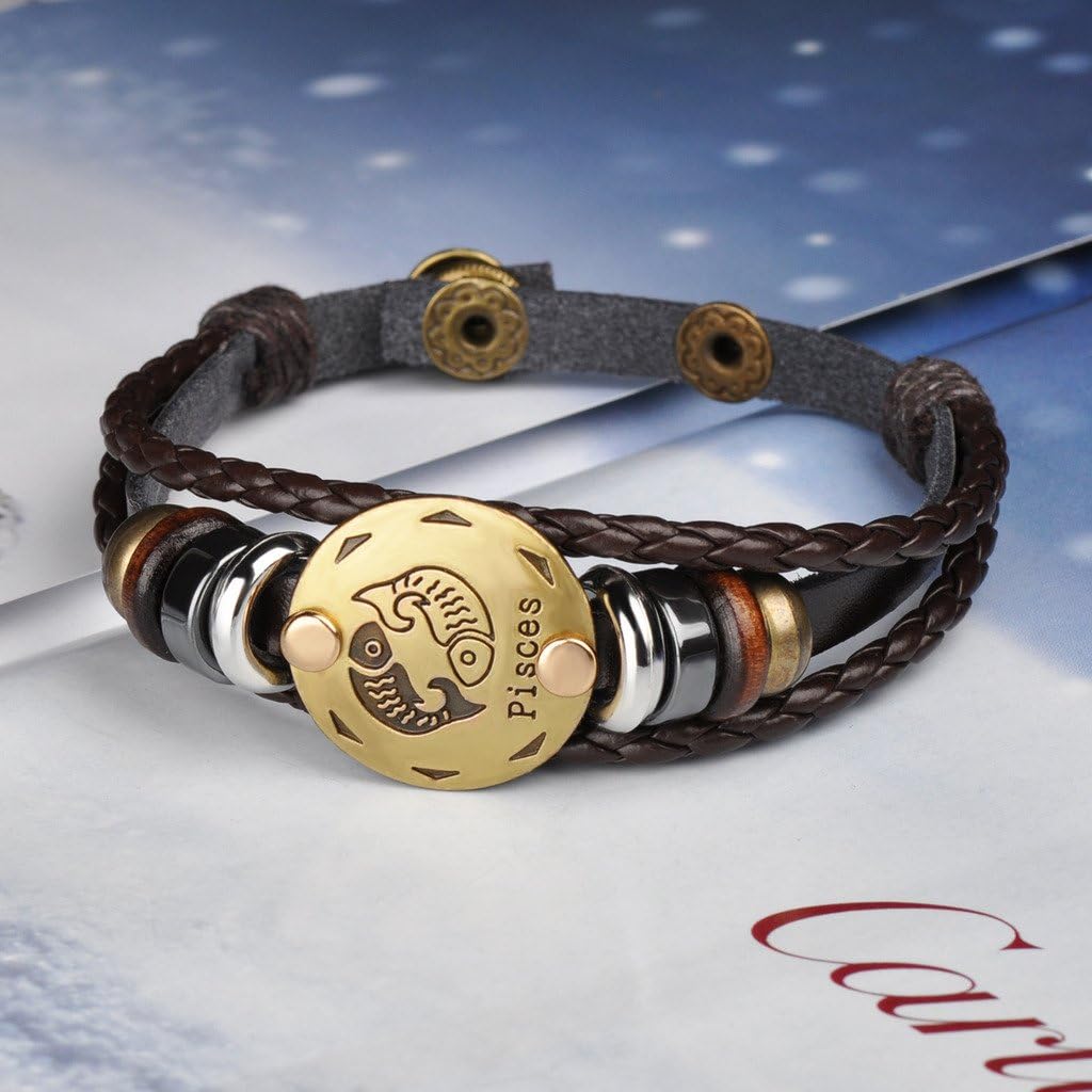 Infinity U Punk Fashion 12 Constellations Zodiac Sign Men's Women's Charm Bracelet Braided Leather Alloy Multilayer Brown Bangles Pisces (Pisces) - Image 4