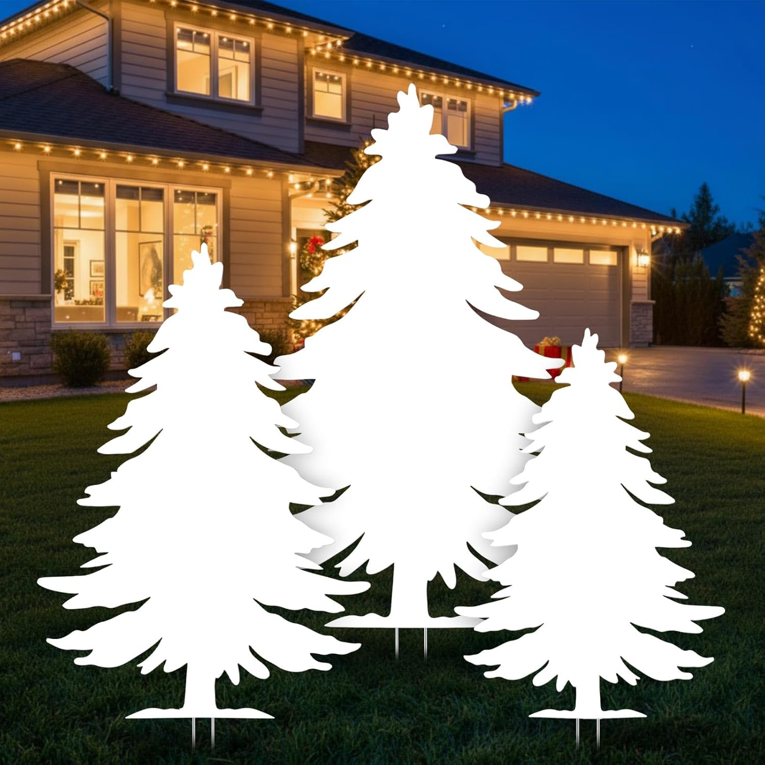 3-Piece Christmas Tree Silhouette Set 47 Inch Christmas Tree Yard Decoration Outdoor Weather-Resistant PVC Xmas Outside Decor for Lawn Garden Pathway Display with 6 Ground Stakes