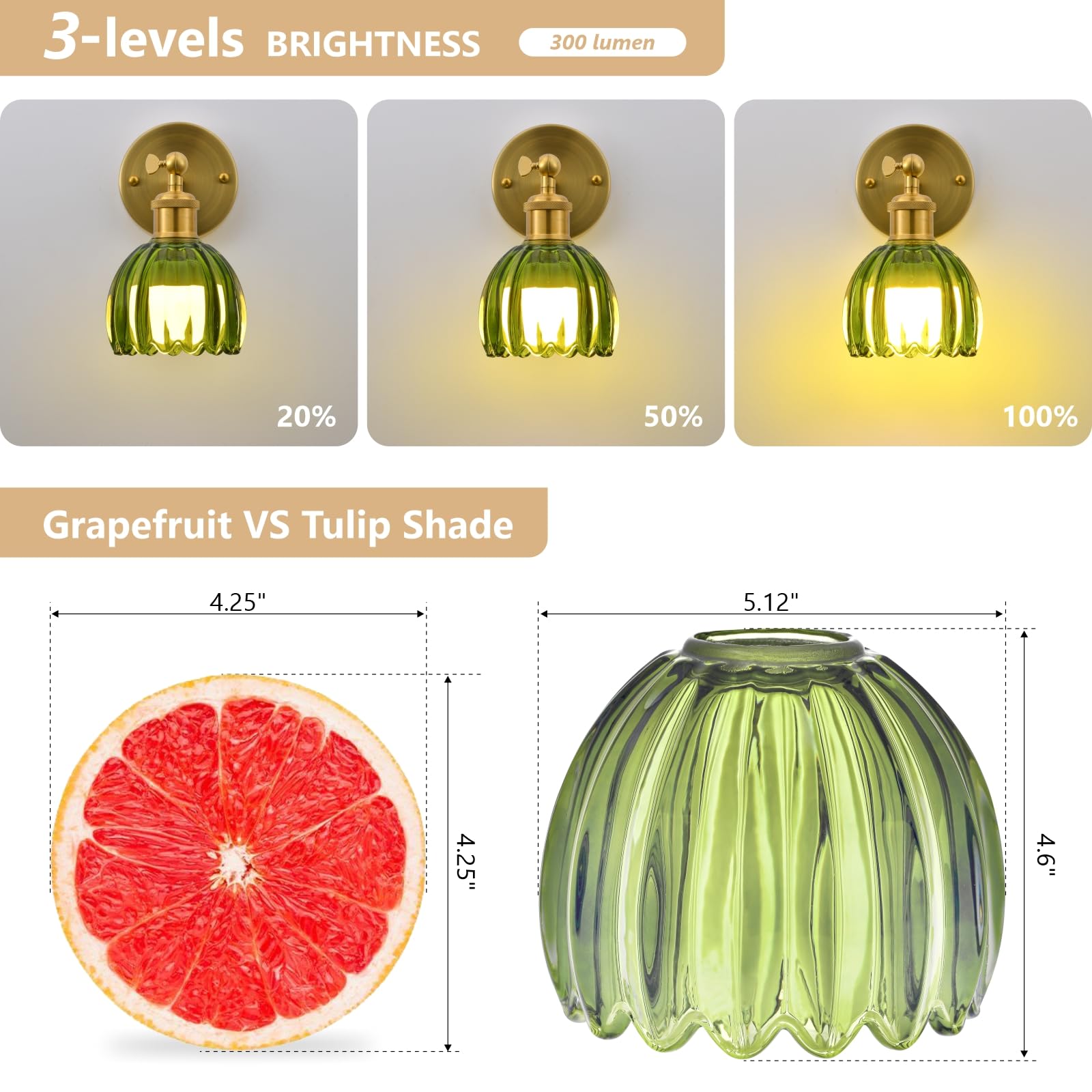 Klassische batteriebetriebene Wandleuchte mit grünem Tulpenglas-Display, kabellos, wiederaufladbar, mit LED-Wandlicht mit verstellbarer Fernbedienung für Nachttisch, Schlafzimmer