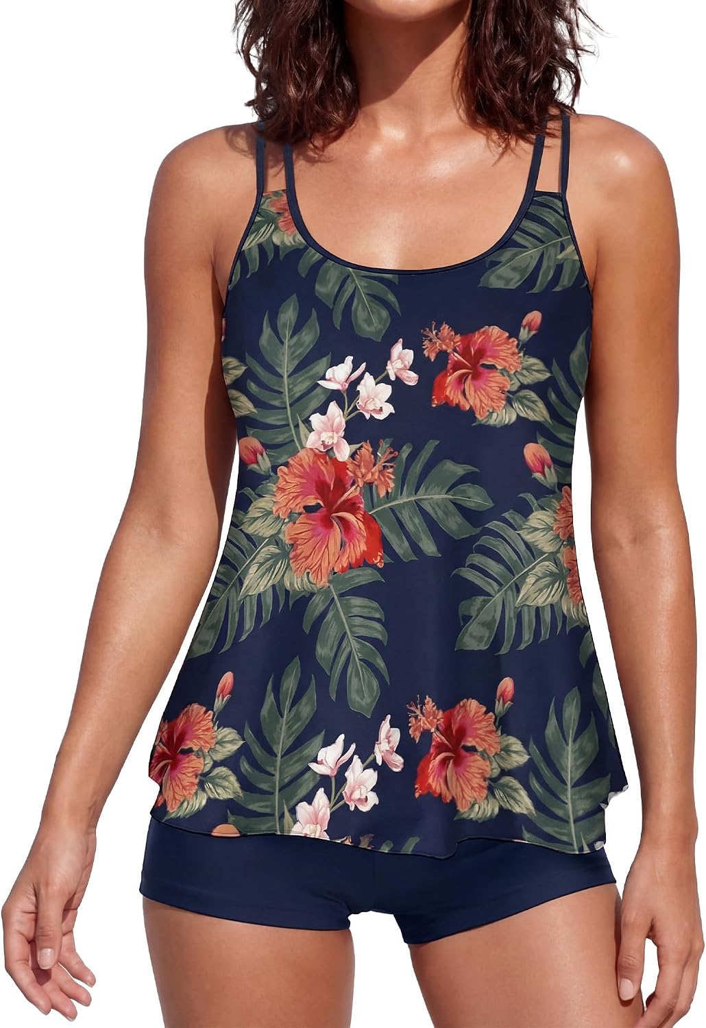 Women 2 Piece Tankini Swimsuits 2026 Blouson Swim Top Flattering Hides Belly High Waisted Boyshorts Beach Vacation