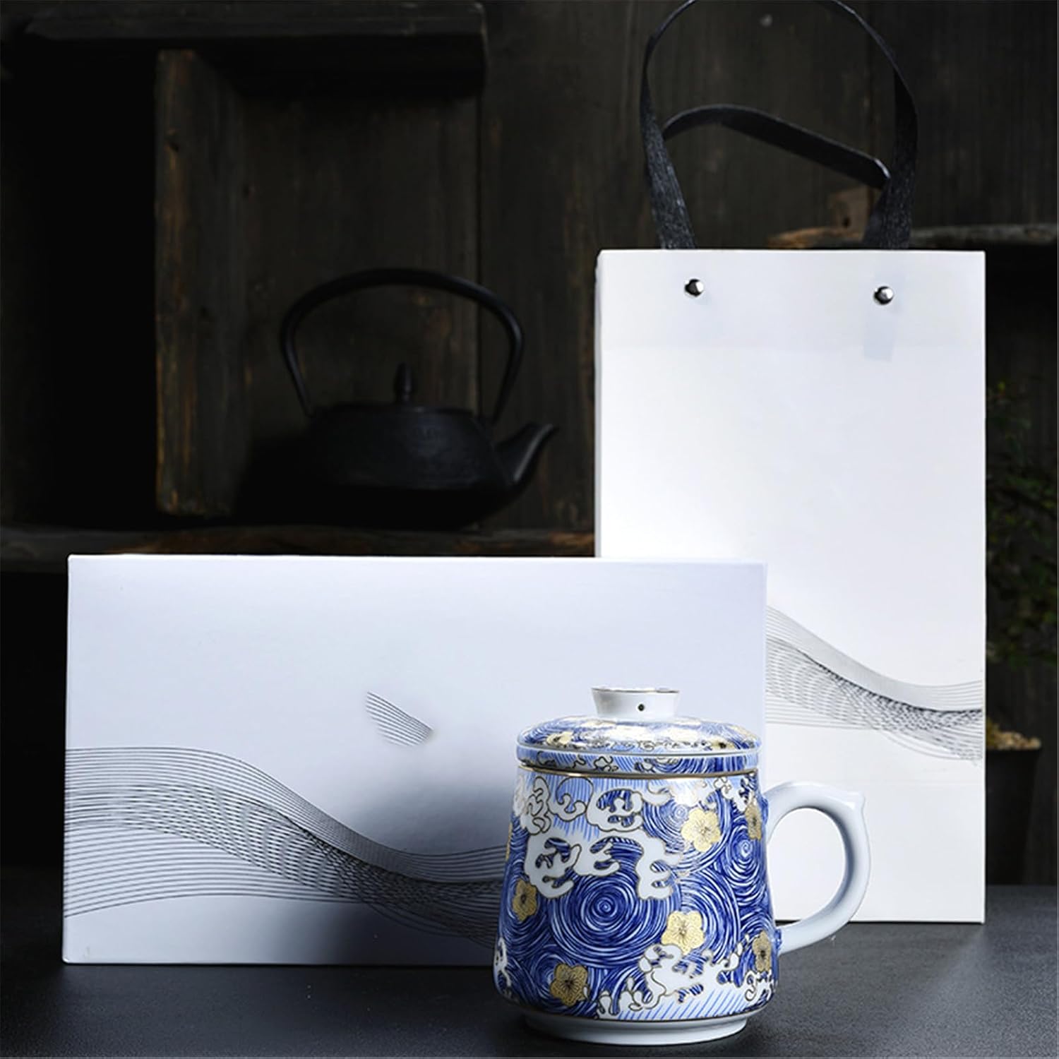 Handcrafted Ceramic Office Water Mug Home Use with Lid Filtered Tea Cup-set1