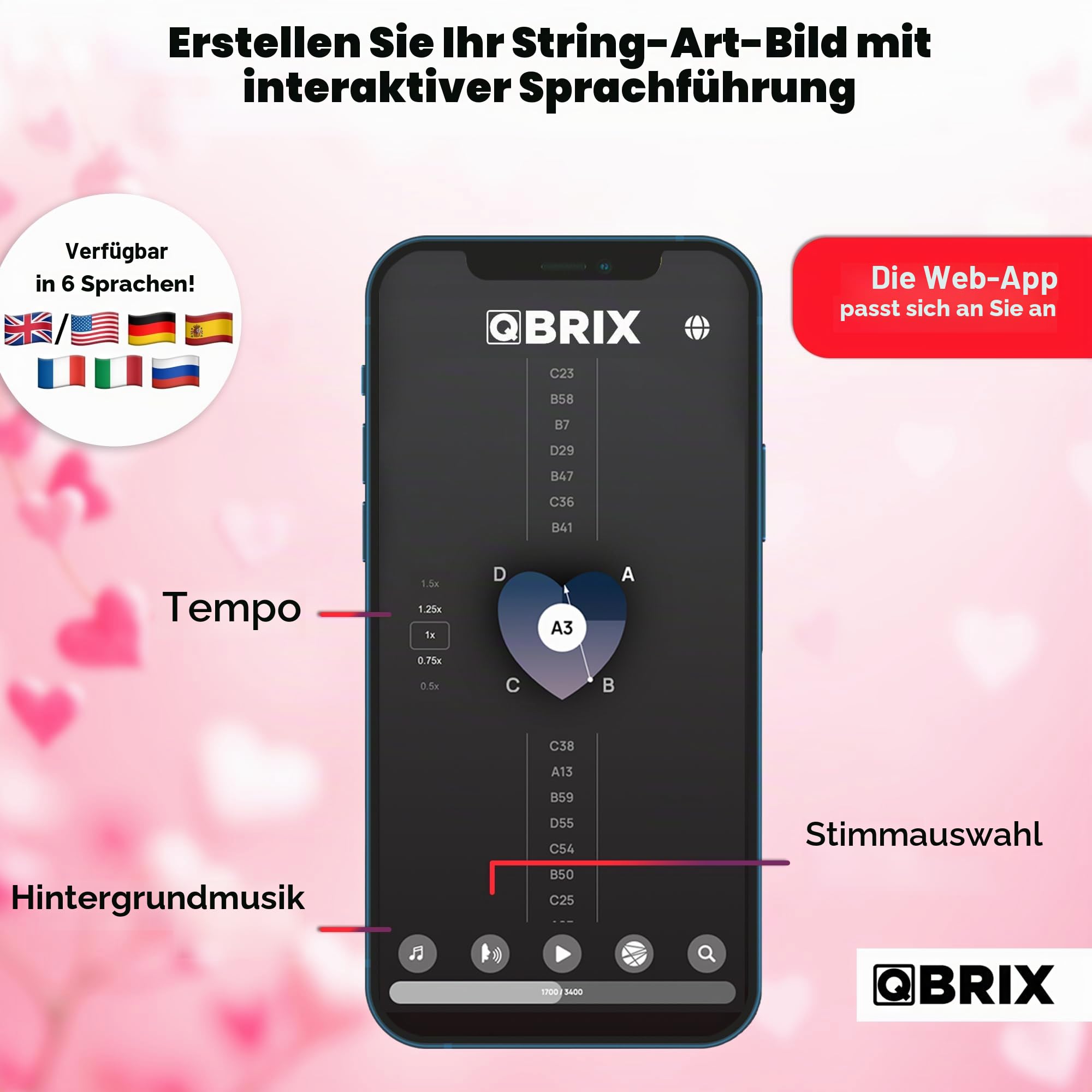 QBRIX Herz – String Art Fadenbild DIY | personalisiertes Geschenk | eigenes Foto als Garnbild | Wunschmotiv | Wandbild (Herz Form 50×50 cm)