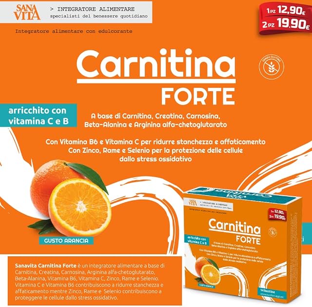Sanavita Carnitina Forte, Formula completa + Creatina, Carnosina, Beta-alanina per sostegno attività fisica - 14 bustine