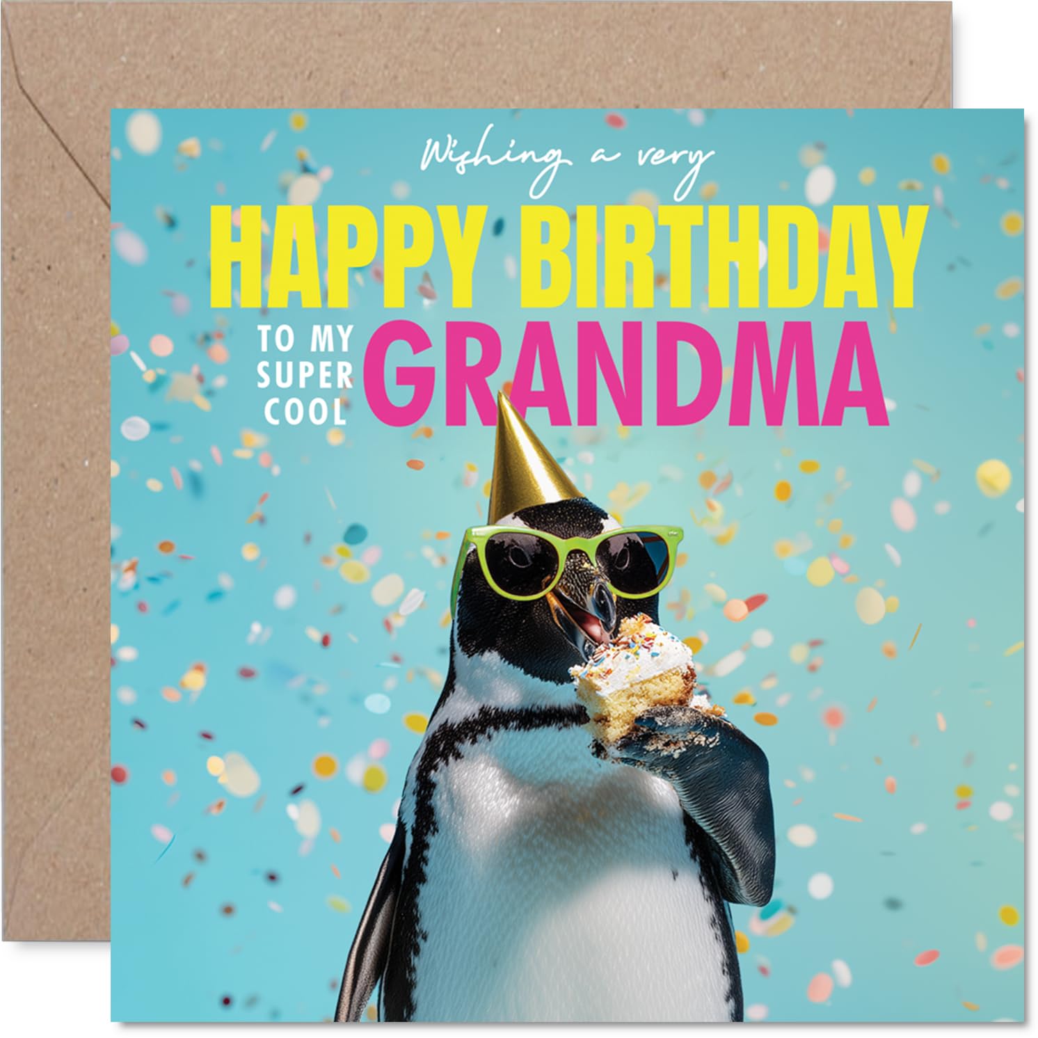 Grandma Birthday Card - Bird-day Cake - Happy Birthday Card for Grandma from Grandson Granddaughter, 145mm funny penguin Bday Greeting Cards