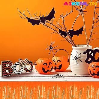 6 Pack 29x108 Inch Metallic Foil Fringe Tinsel Table Skirts Banner for Rectangle Tables Streamer Garland Curtains Backdrop for Wedding, Birthday, Parade Floats, Halloween Party Decoration(Orange)