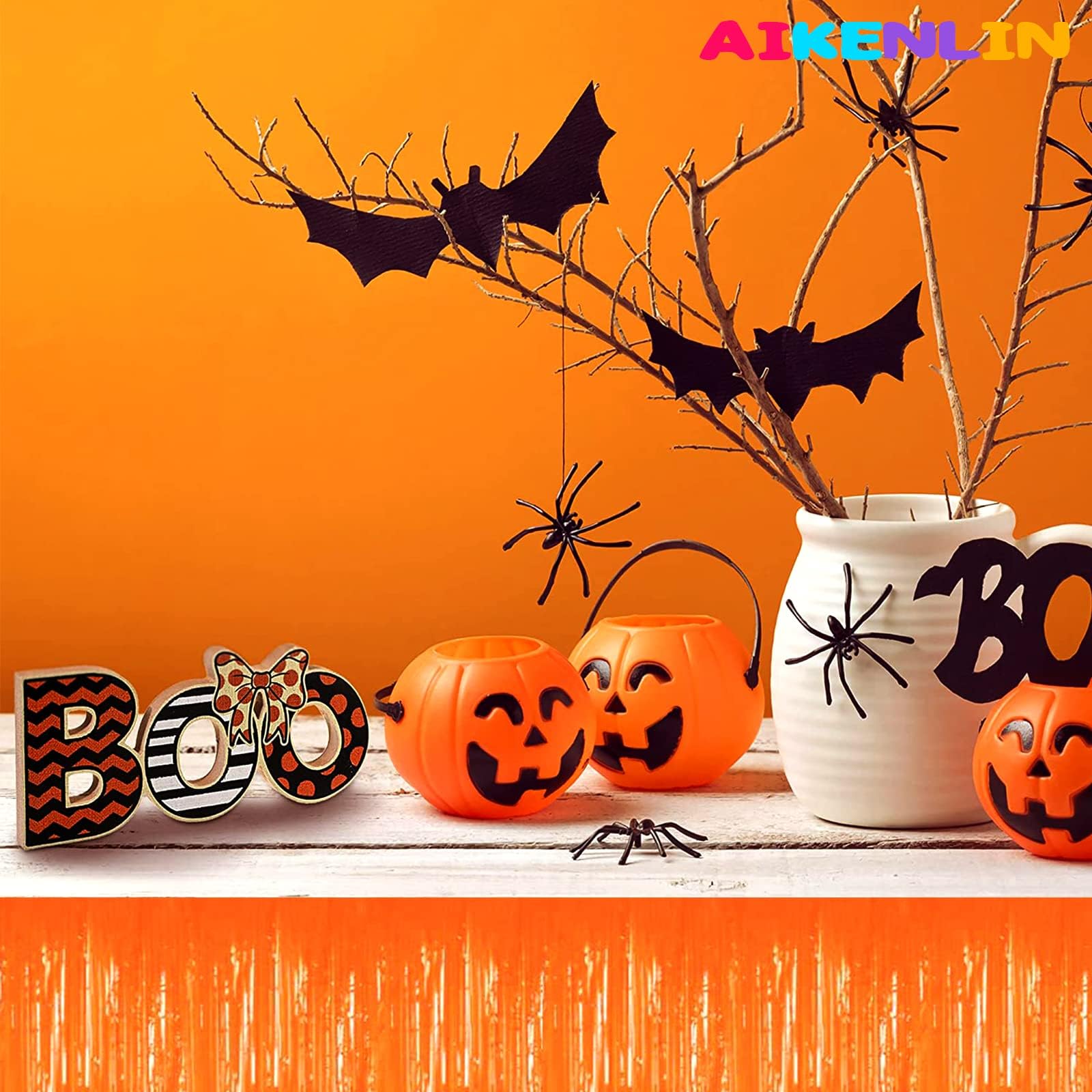 6 Pack 29x108 Inch Metallic Foil Fringe Tinsel Table Skirts Banner for Rectangle Tables Streamer Garland Curtains Backdrop for Wedding, Birthday, Parade Floats, Halloween Party Decoration(Orange)