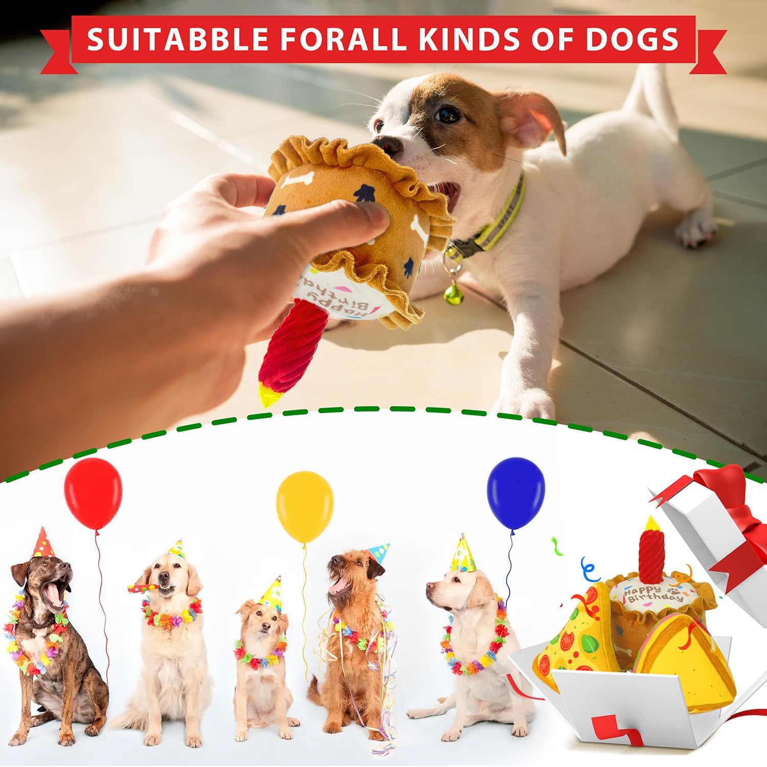 Birthday Dog Toys Crinkle Dog Toy Squeak Cake Toy Aggressive chew Toys for Puppy Sandwiches Pizza Party Dog Toy Interactive Birthday Toy with 3 Pack for Dog Birthday