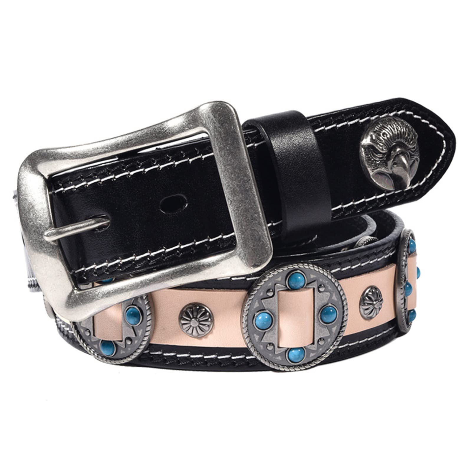 Cintura western in vera pelle per uomo e donna turchese intarsiato con borchie d'aquila con fibbia per cowboy e cowgirl stile country, larghezza 38 mm