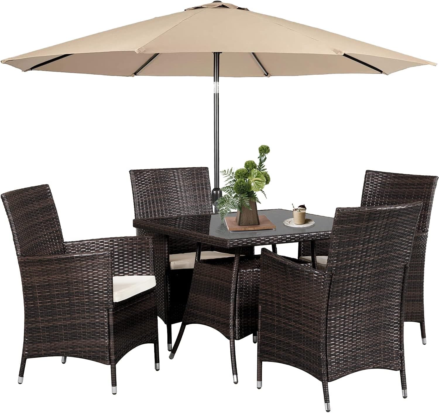 SUNCROWN 5 Piece Outdoor Dining Set All-Weather Wicker Patio Dining Table and Chairs with Cushions, Tempered Glass Tabletop with 9 FT Patio Umbrella for Patio Backyard Porch Garden Poolside, Round : Patio, Lawn & Garden