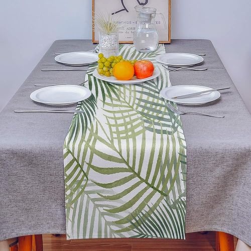 Miniatura 3 de Greeeen Camino de mesa de lino y algodón hojas de palma tropicales para cenas familiares banquetes fiestas y celebraciones decoración de mesa de