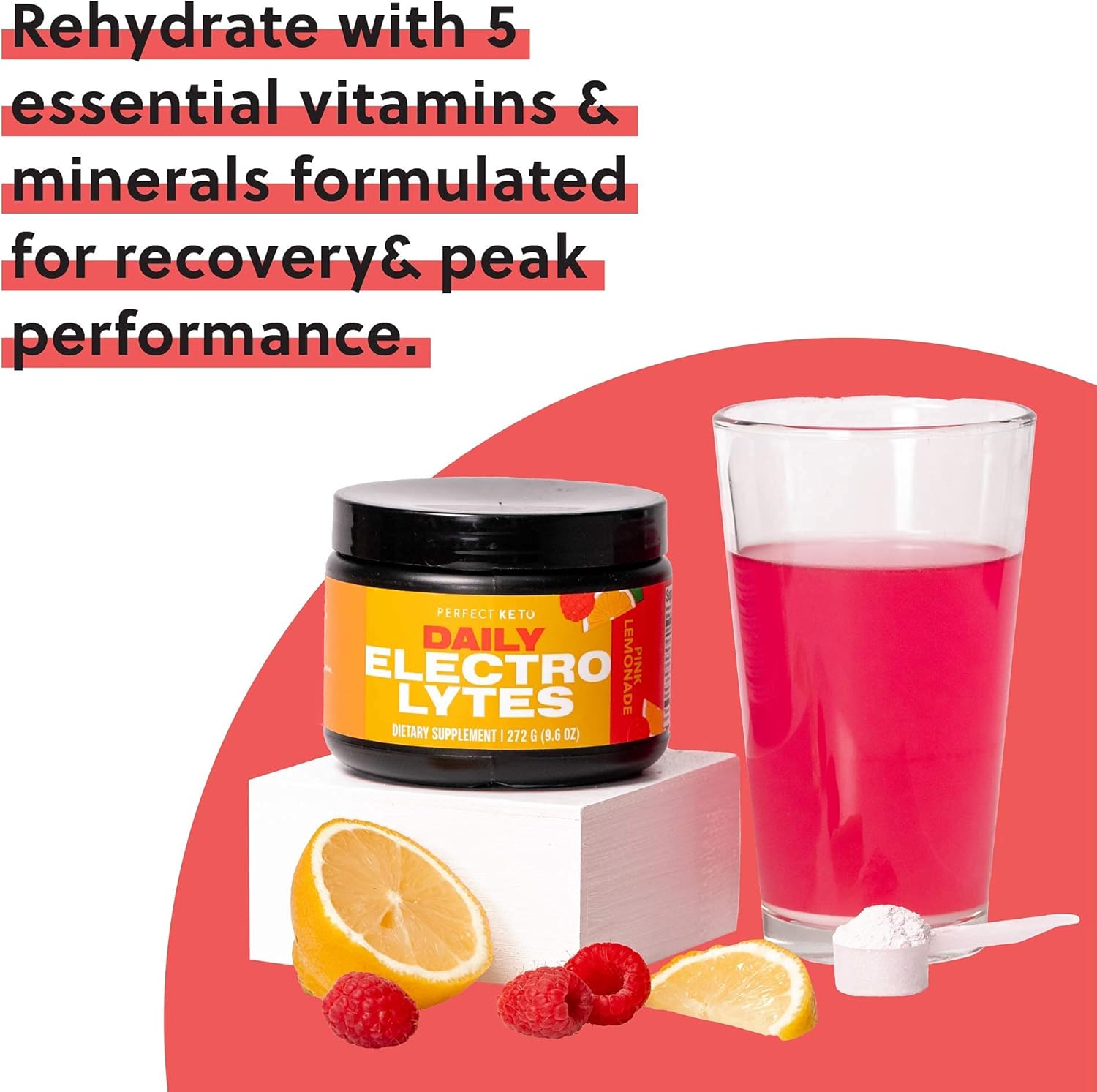 Perfect Keto Electrolytes Powder, Sugar and Gluten Free, Electrolyte Drink Mix, Sodium, Magnesium, Calcium and Potassium Supplement, Hydration, Recovery & Immune Support, Pink Lemonade, 45 Servings