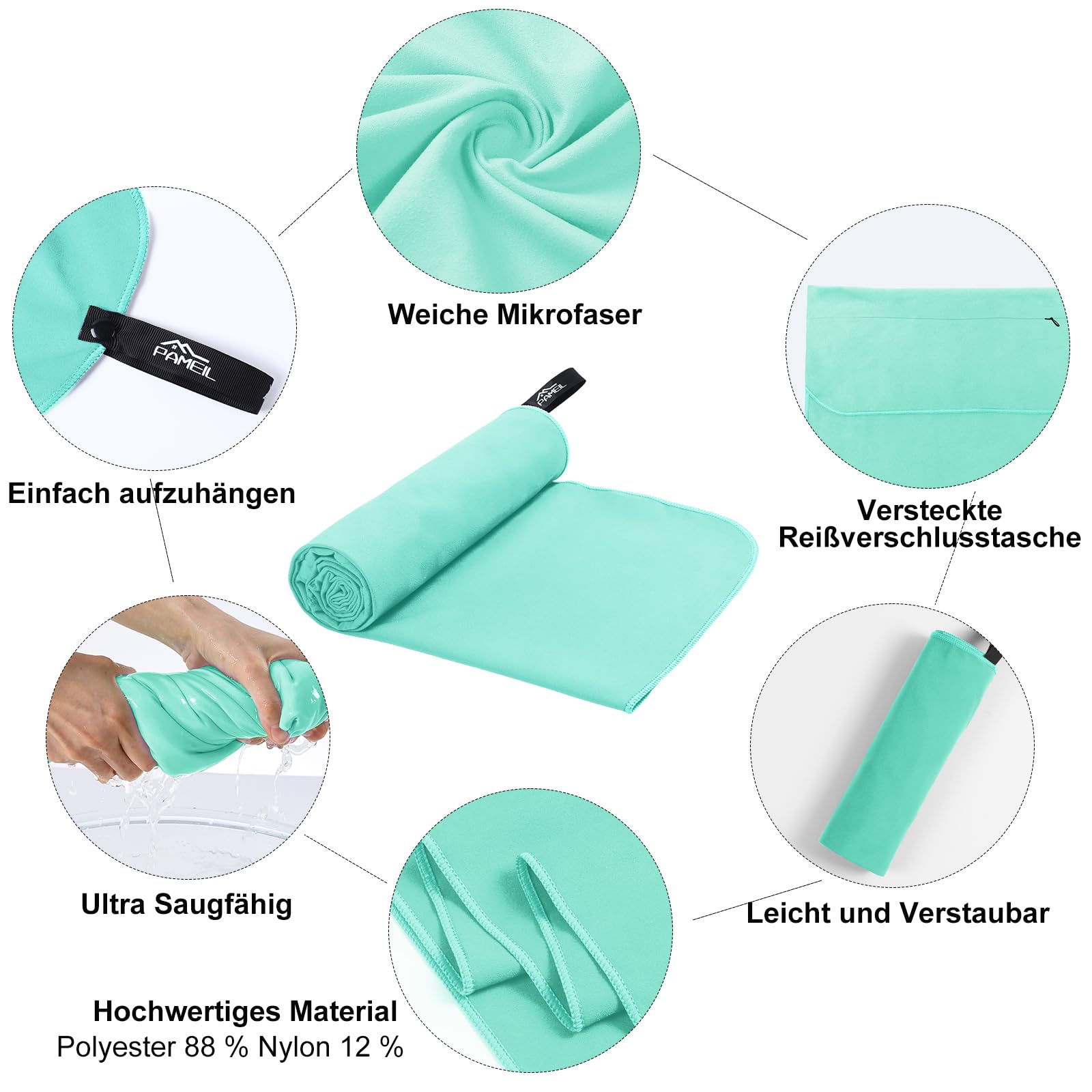 Pameil Asciugamano fitness con tasca con chiusura lampo, 120 x 50 cm, asciugamano in microfibra, compatto e ad asciugatura rapida, asciugamano sportivo da palestra (verde erba)