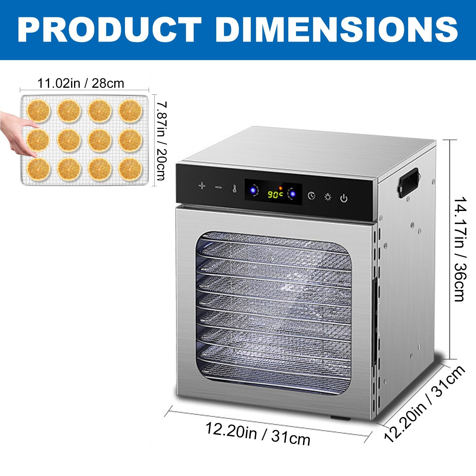 Deshidratador De Alimentos Comercial De 6, 8, 10, 12 O 18 Bandejas, Deshidratador Doméstico De Acero Inoxidable Para Alimentos, Cecina, Hierbas Y Frutas, Gran Capacidad Y Tiempo Ajustables(10 Tray)