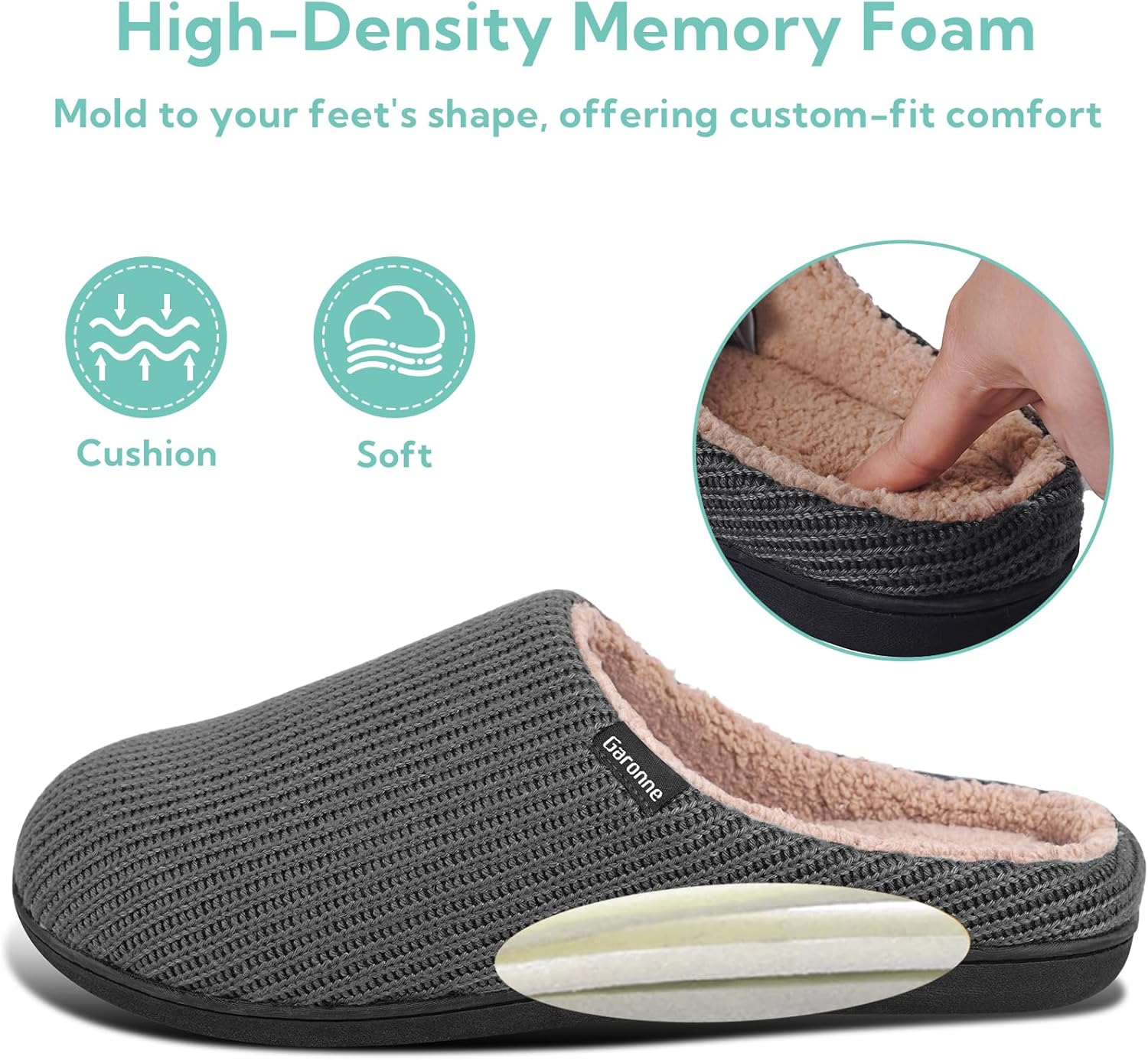 Garonne Men's Slippers with Memory Foam and Wool-Like Lining, Slip-on Cozy House Shoes with Non-slip Rubber Sole for Bedroom Indoor Outdoor - Image 4