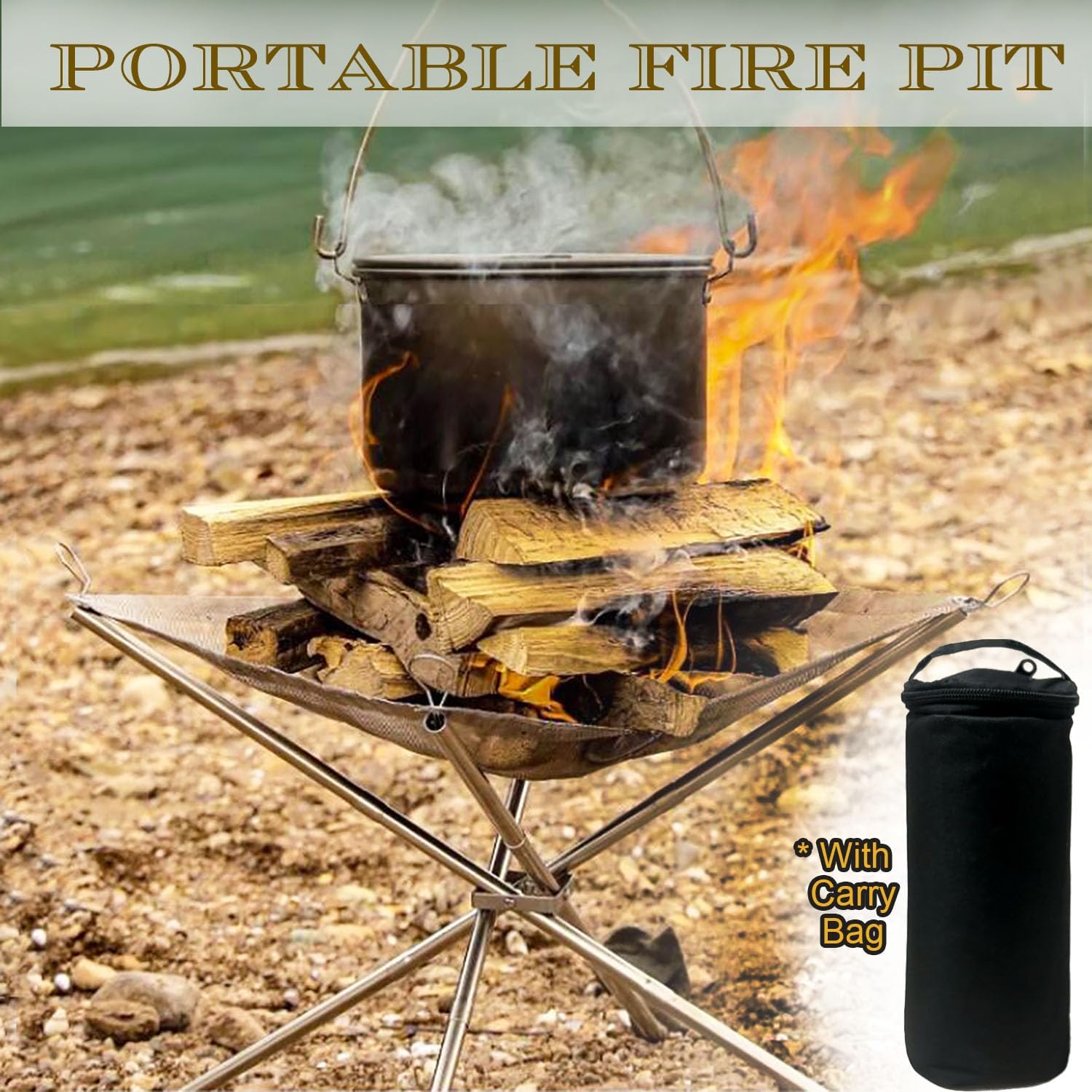 22 Inch Portable Outdoor Fire Pit with Carrying Bag,Foldable Stainless Steel Mesh Fireplace Wood Burning Collapsible Fireplace for Camping Outdoor Hiking BBQ Picnic
