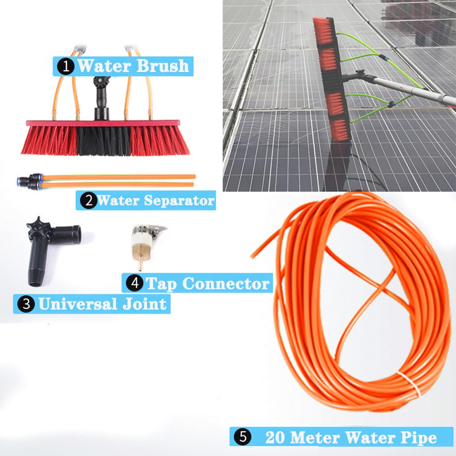 Cepillo telescópico de Lavado de 3-12 m | Limpiacristales y Paneles solares | Cabezal de 35/55 cm | Manguera de 20 m | Ideal para terrazas, tejados, canalones y módulos f