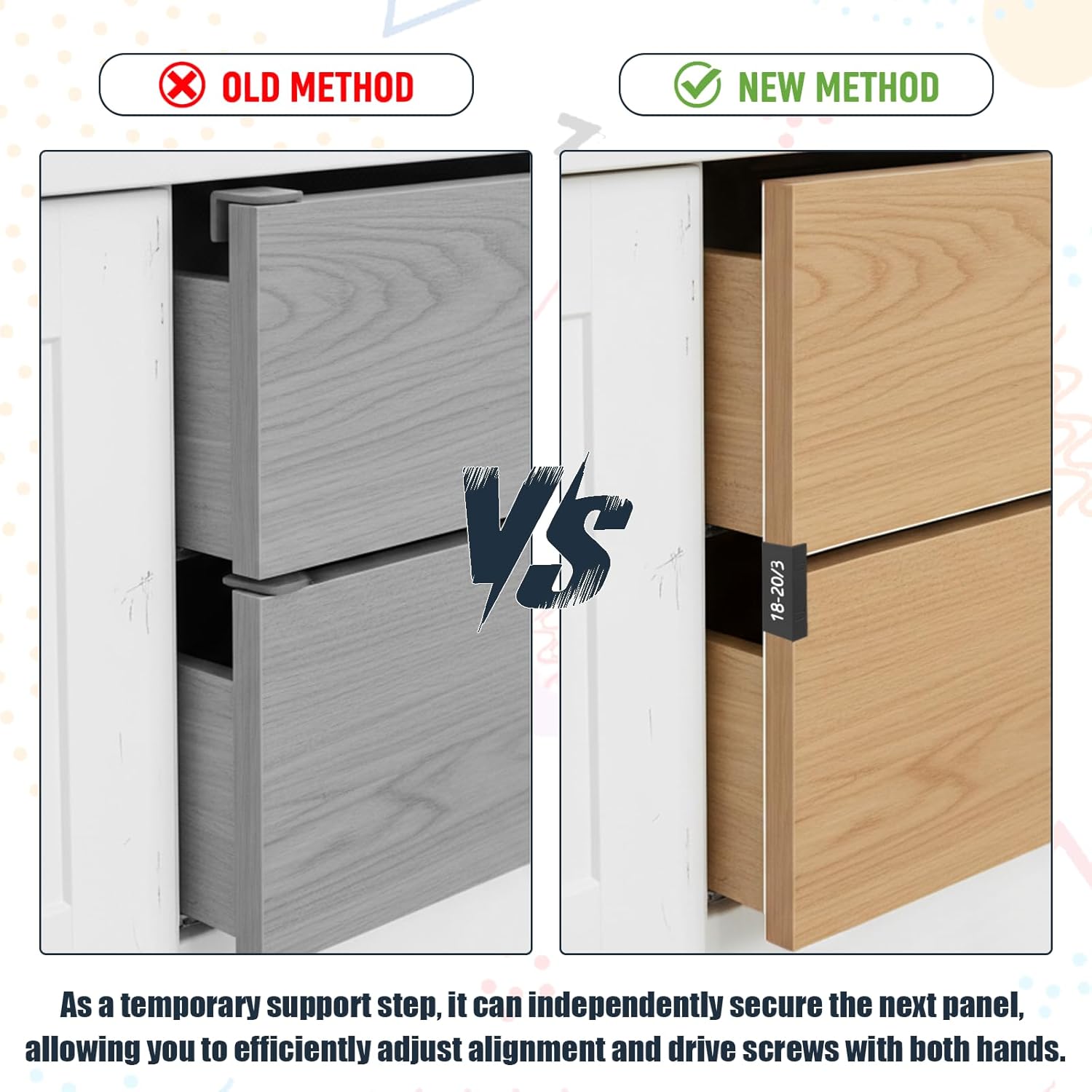 Drawer Front Spacers 12PC - Plastic Cabinet Panel Alignment Tool, Hands-Free Installation Jig for Consistent Spacing, Fits 15-17mm 18-20mm 22-23mm Boards for Woodworking & DIY (Black)