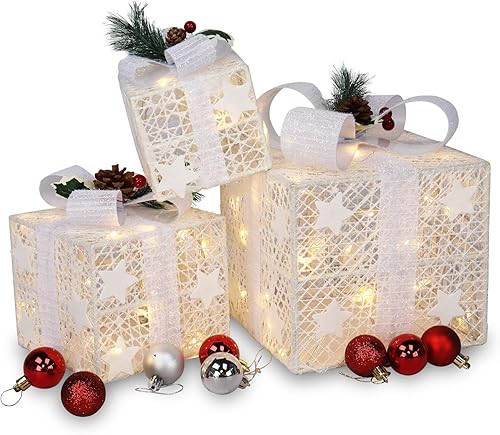 Miniatura 7 de VINGLI Juego de 3 cajas de regalo iluminadas de Navidad, a prueba de clima, cajas de regalo anidadas, decoración del hogar, 60 luces LED, lazo
