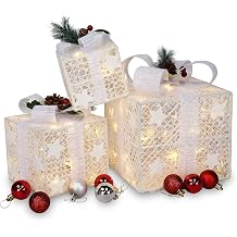 Set of 3 Christmas Lighted Gift Boxes, Pre-lit 60 LED Light Up Present Ornament With Warm White Tinsel for Indoor Outdoor Home Yard Lawn Decor White