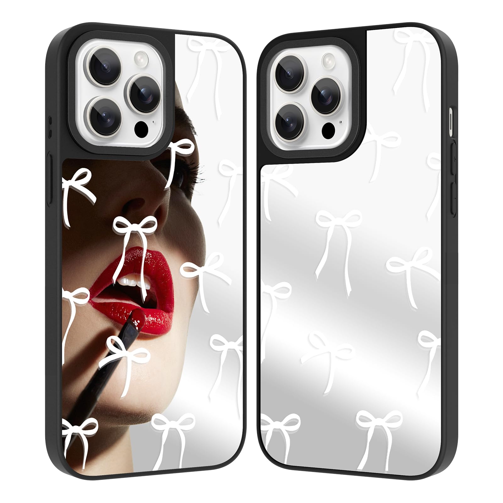 ZIYE Mirror Case for iPhone 14 Pro,Cute White Ribbon Bow Pattern Phone case for Women Girls Slim Anti-Drop Shockproof Protective Phone Cover
