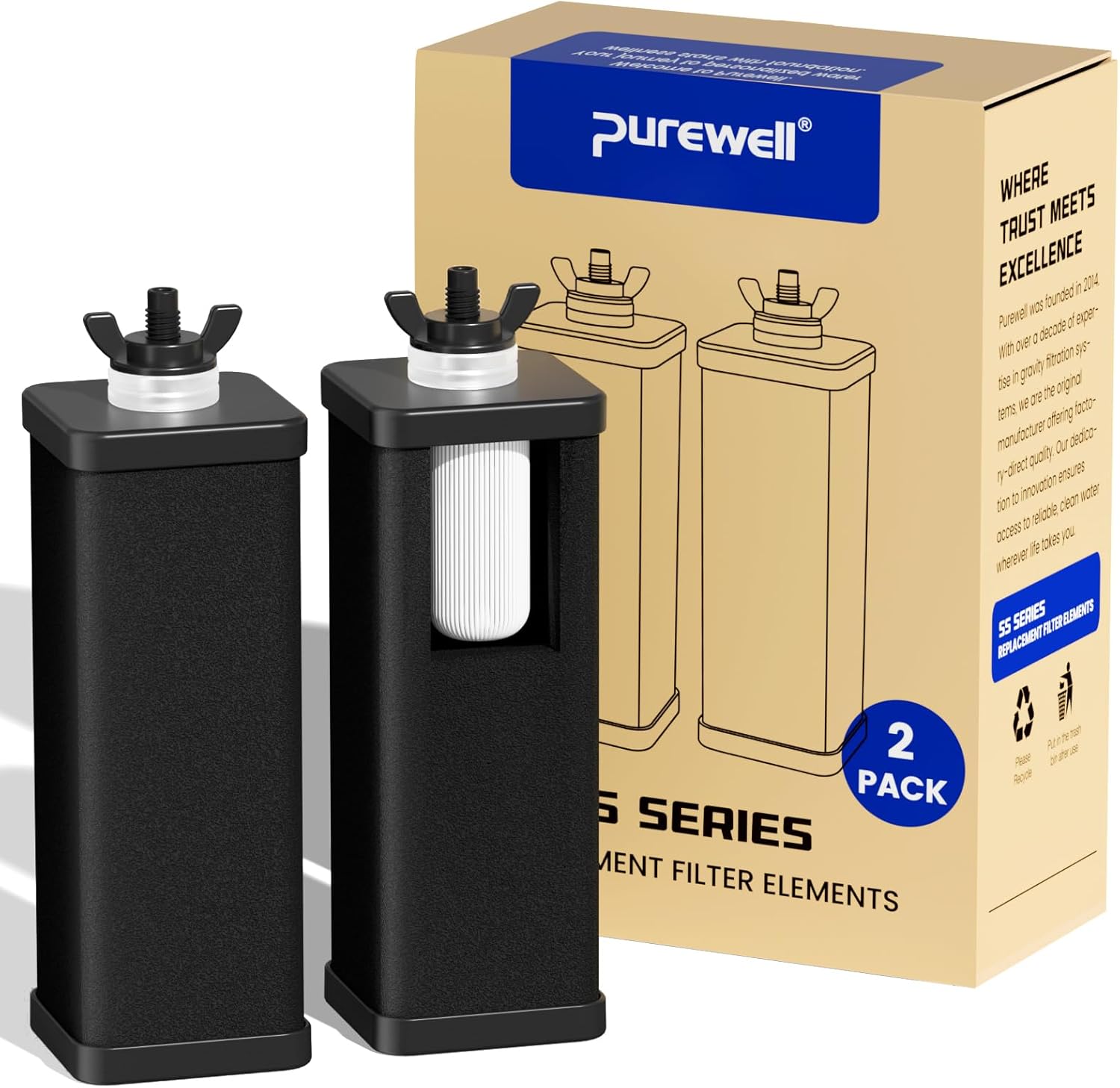 Purewell PF-6 Black 3-Stage Composite Purification Elements, Replacement Filters for ProOne® and Berkey® Filters, ProOne® or Berkey® Big+ Water Filter System and Purewell System (2 Pack, SS Series)