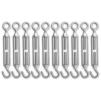 10Pcs M5 Hook and Eye Stainless Steel Cable Tightener, Adjustable Turnbuckle Tensioner, for Garden Light Hanging Fence Wire Shade Sails Cable Railing