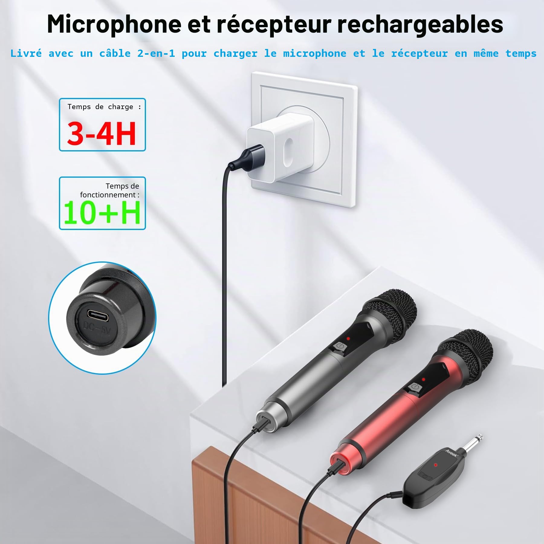 Aveek Microphone sans Fil Rechargeable,2.4GHz de Microphone Dynamique pour Karaoké, Fête, Mariage, Église, Réunion, Discours, Classe, Microphones Unidirectionnels, Gris et Rouge, 2 Pièces