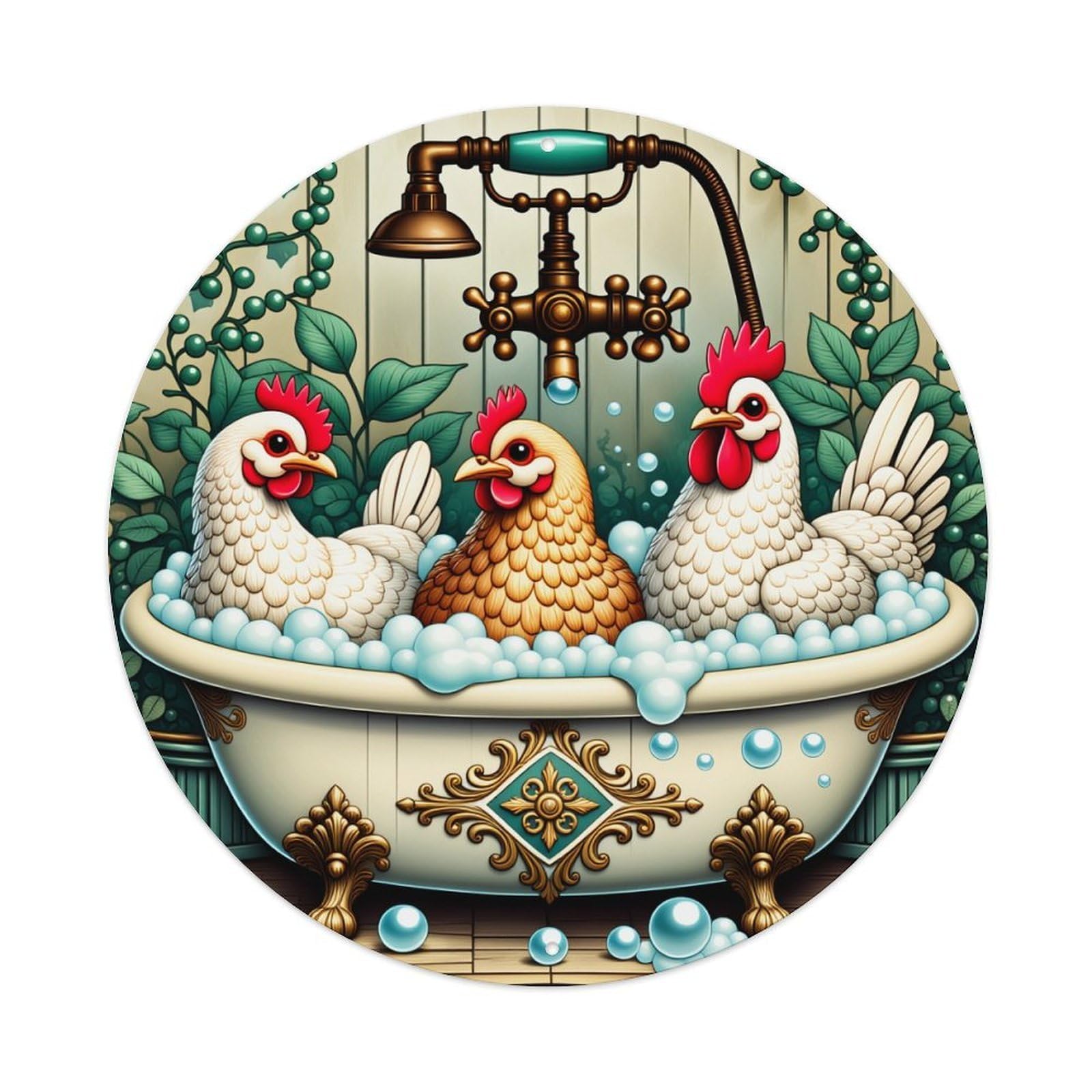 Chicken Bathing Scene Pattern Round Tin Sign Vintage Metal Poster Retro Bar, Home, Man Cave, Kitchen, Laundry Room Wall Art Decor Gift 8x8Inch