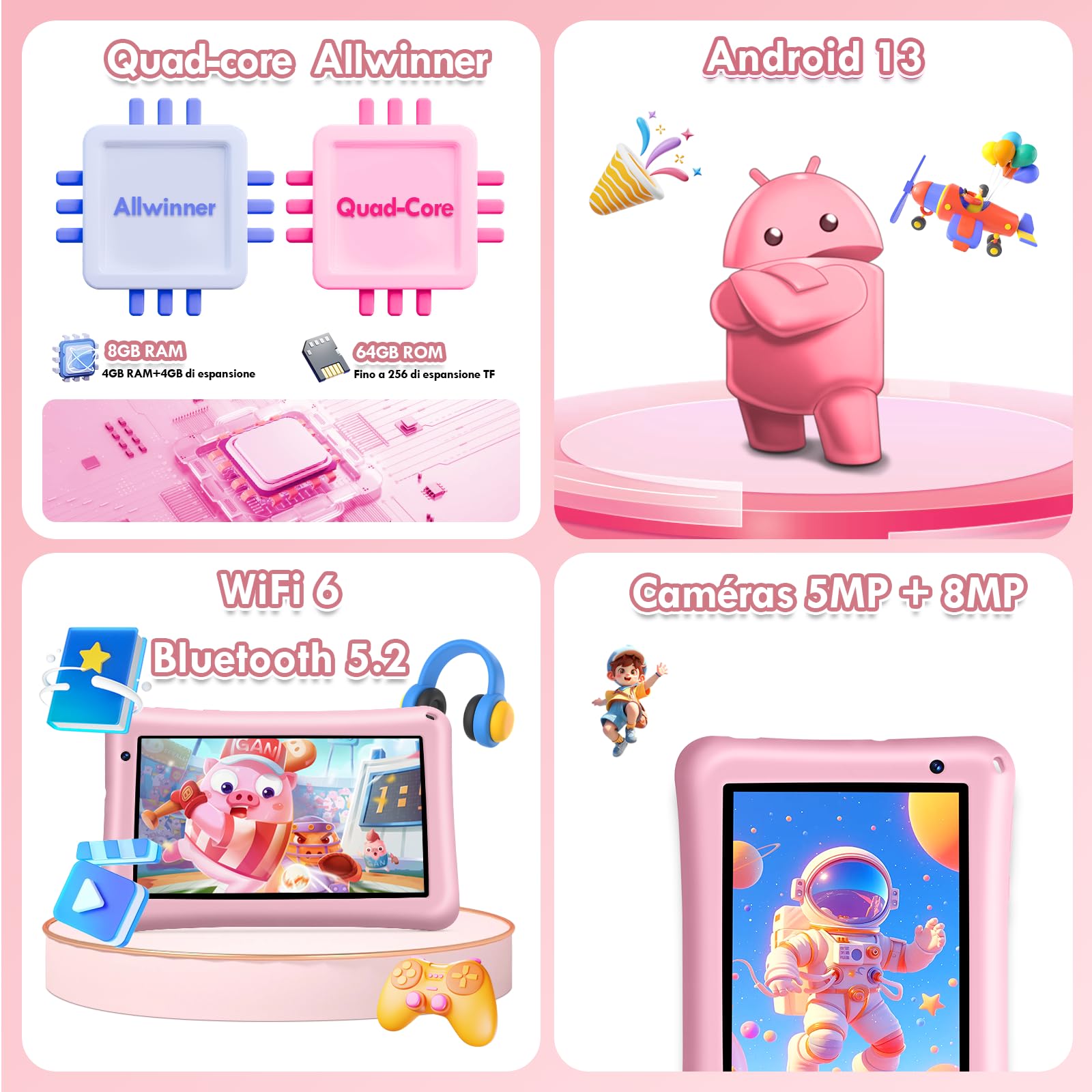 Tablet para Niños 7 Pulgadas,Android Tablet,8GB RAM 64GB ROM (mpliable 256 GB), Control Parental, WiFi, Bluetooth, Kids Tablette Tactile Éducative Avec Kid-Proof Étui-Rosa — view 7