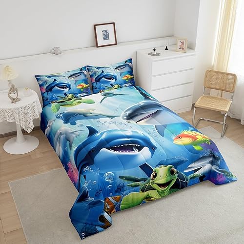 Miniatura 10 de Erosebridal Juego de edredón tamaño matrimonial con diseño de ballena asesina para niños y niñas, juego de ropa de cama de animales oceánicos en