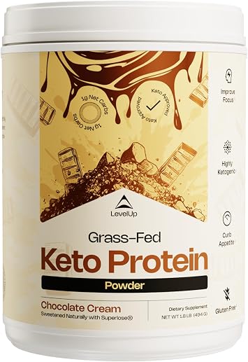 LevelUp WINNER - BEST KETO PROTEIN Grass-fed Collagen Protein Powder, C8 MCT Oil, Whey Protein Isolate, Irish Butter, Ketogenic Protein Shake Supplement (Chocolate Cream)