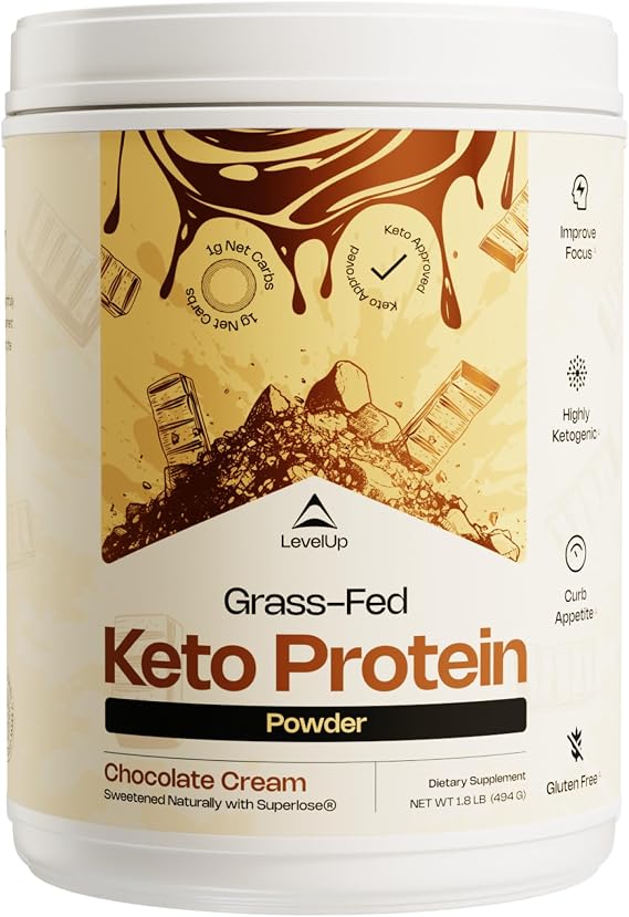 LevelUp WINNER - BEST KETO PROTEIN Grass-fed Collagen Protein Powder, C8 MCT Oil, Whey Protein Isolate, Irish Butter, Ketogenic Protein Shake Supplement (Chocolate Cream)