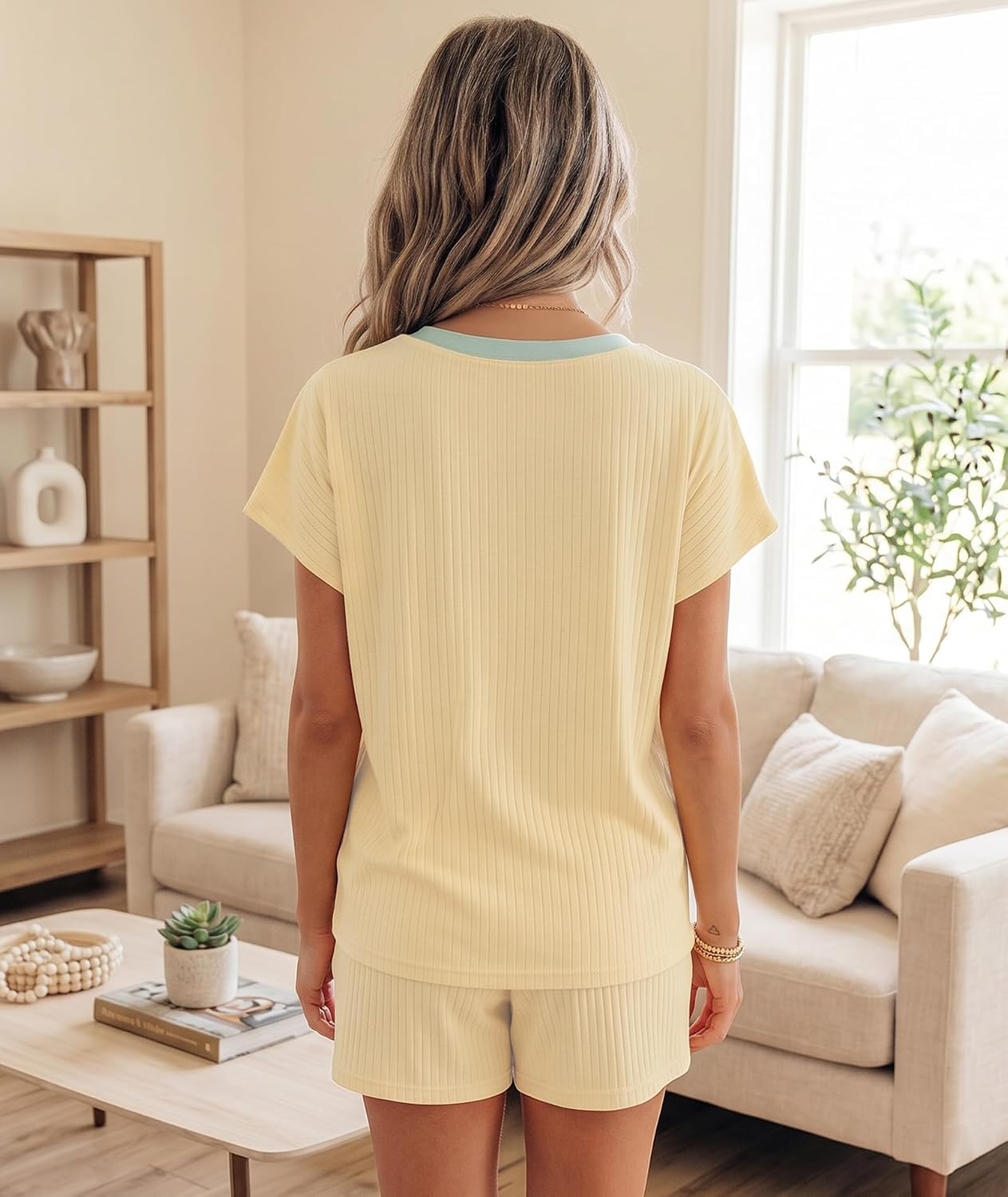 Deer Lady Women 2 Piece Short Sets 2026 Color Block Summer Outfit Ribbed Short Sleeve Top Drawstring Shorts Casual Lounge Set
