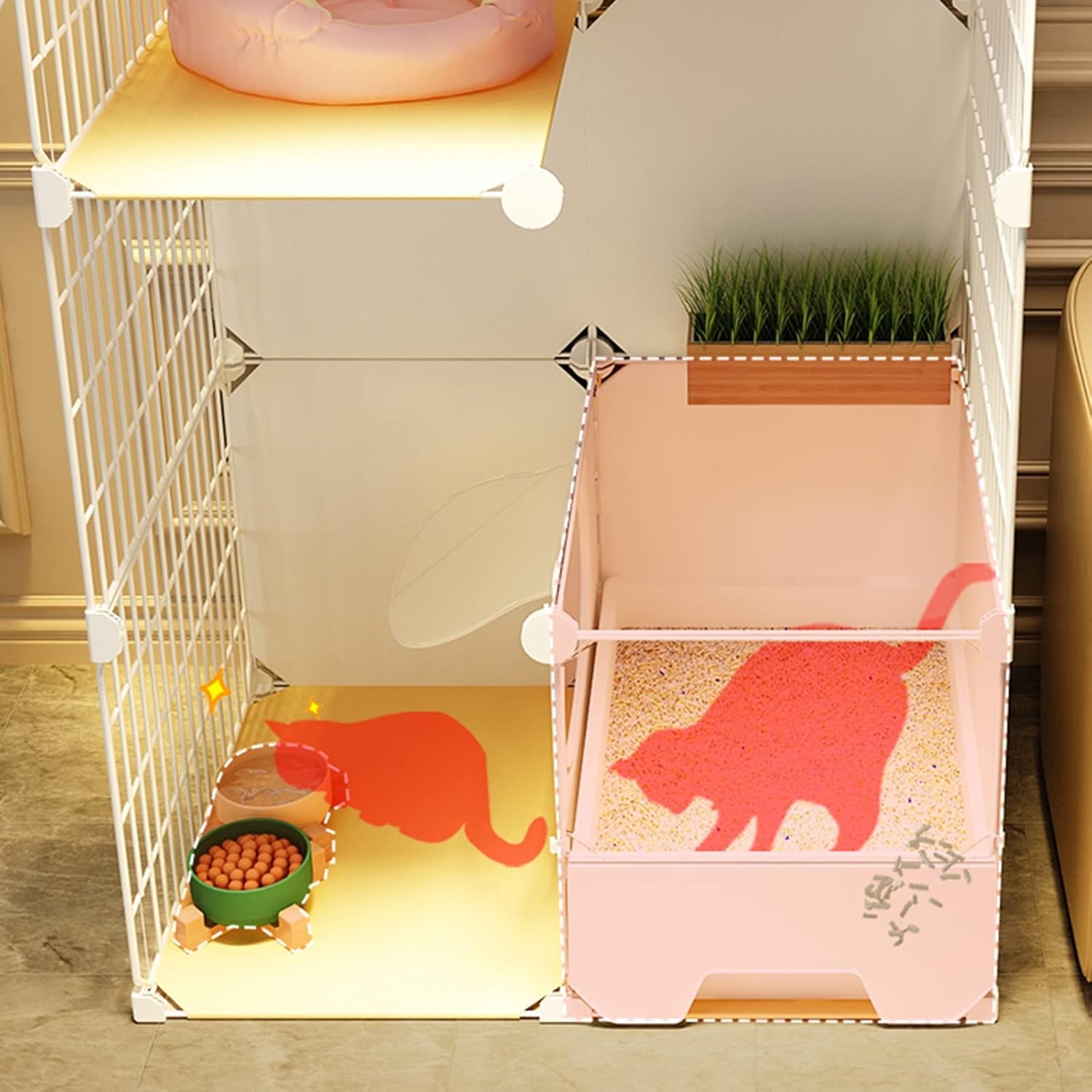 2-Tier Cat Crate & Cage, Indoor Cat Playpen with Detachable Metal Wire, Easy-Access Door & Casters - Perfect Kennel for Kittens & Adult Cats (Size: 112 * 47 * 11)