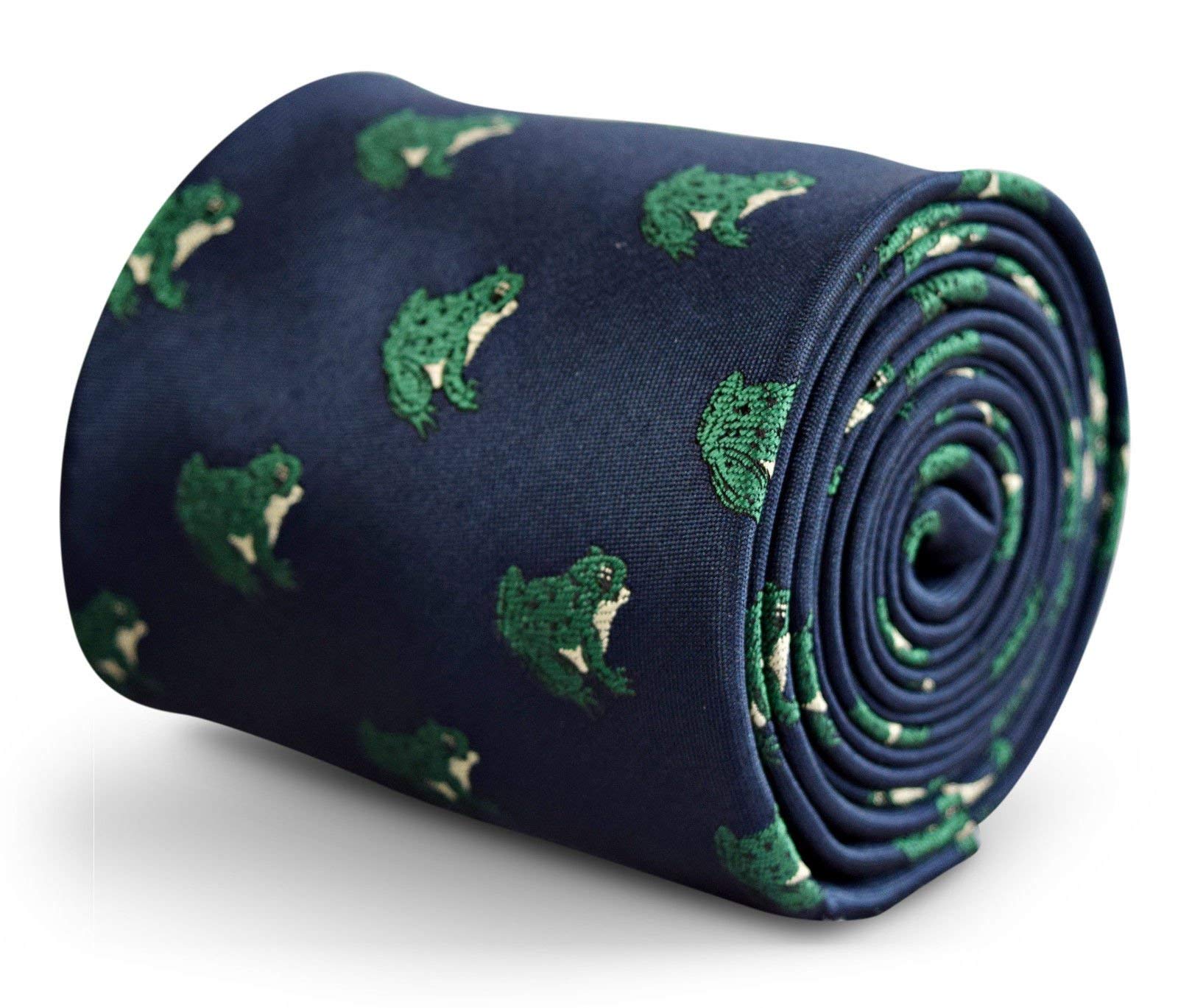 Frederick Thomas Men's Navy Blue ’S Tie With Green Frog Design, 8Cm Wide And 147Cm Long, Premium Microfibre Necktie For Office, Weddings And Formal Events
