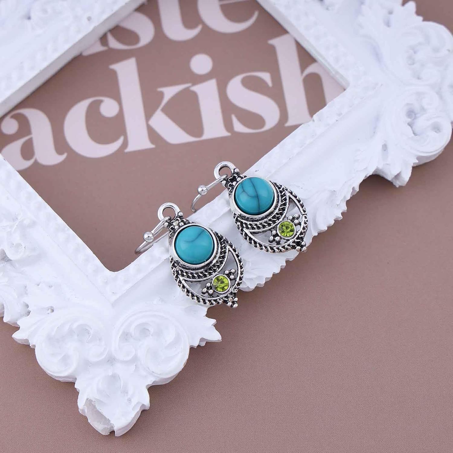 Boho Vintage Turquoise Earrings Turquoise Teardrop Earrings Turquoise Tribal Earrings Oval Turquoise Dangle Earrings Jewelry for Women - Image 3