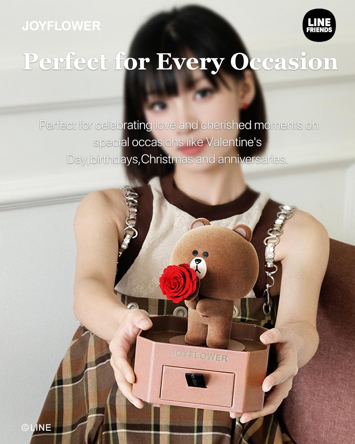 Line Friends Brown Bear Holding Preserved Flowers, Eternal Real Rose Romantic Gift with Acrylic Cover & Gift Box for Girlfriend Wife Her in Valentine's Day, Birthday, Weddings, Anniversary, Christmas - Image 9