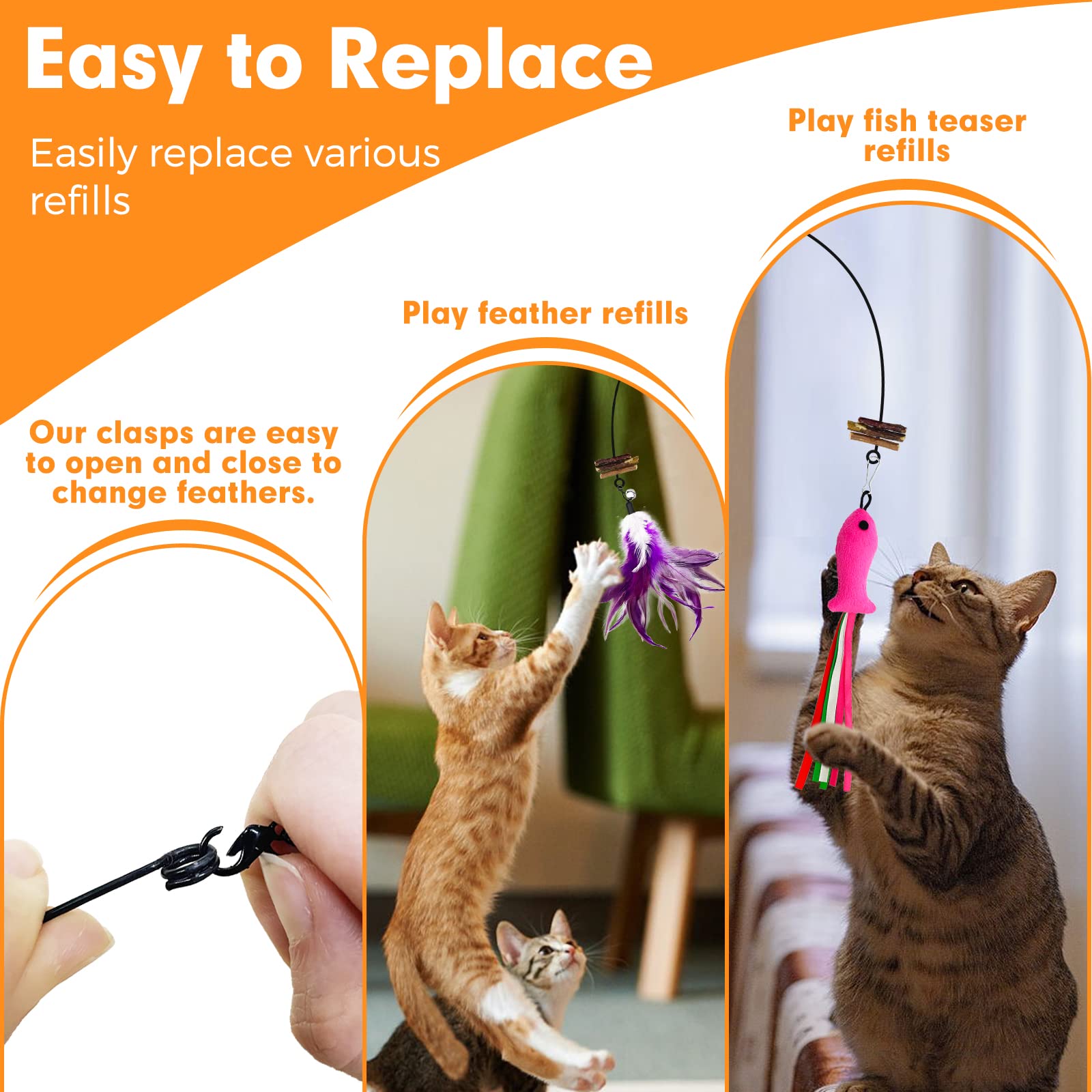 Juguete de varita para gatos, juguetes de plumas de gato con vid plateada y campanas, 2 varitas para gatos y 6 recambios de teaser, varita de alambre extra larga de 38.5 pulgadas, juguete para
