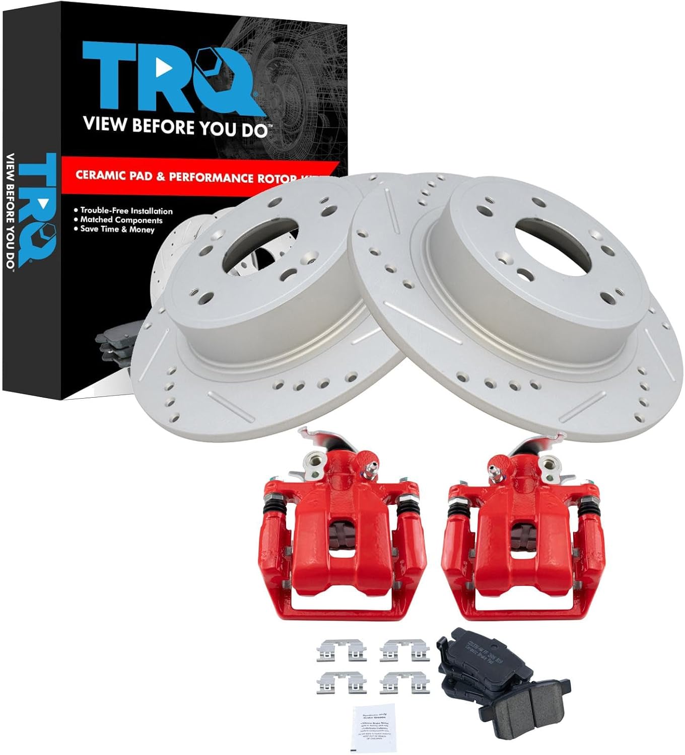TRQ Rear Brake Pad and Rotor Set Ceramic Coated Drilled Slotted Vented Rotors Calipers Red Compatible with 2009-2014 Acura TSX 2008-2012 Honda Accord