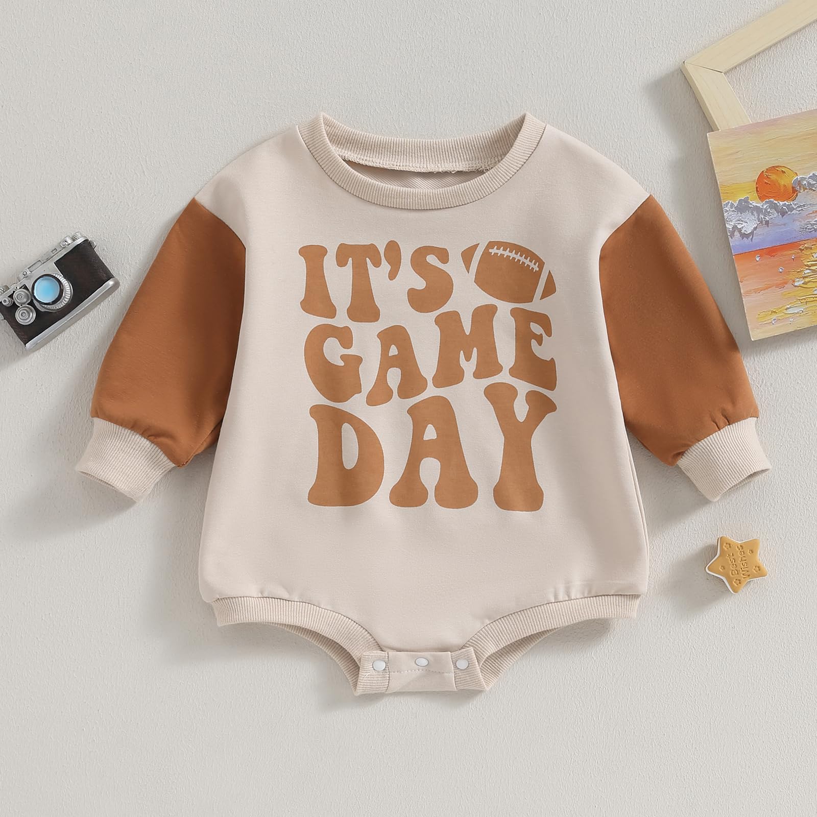 CHAUKAREAUL Newborn Baby Boy Girls Football Sweatshirts Rompers Game Day Letter Print Long Sleeve Bodysuit Fall Clothes … (BrownD, 18-24 Months)