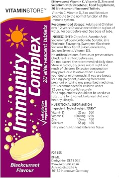 Vitamin Store Immunity Complex Effervescent Tablets, Blackcurrant Flavoured, Suitable for Vegetarians, 6 Packs of 20