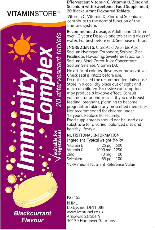 Vitamin Store Immunity Complex Effervescent Tablets, Blackcurrant Flavoured, Suitable for Vegetarians, 6 Packs of 20